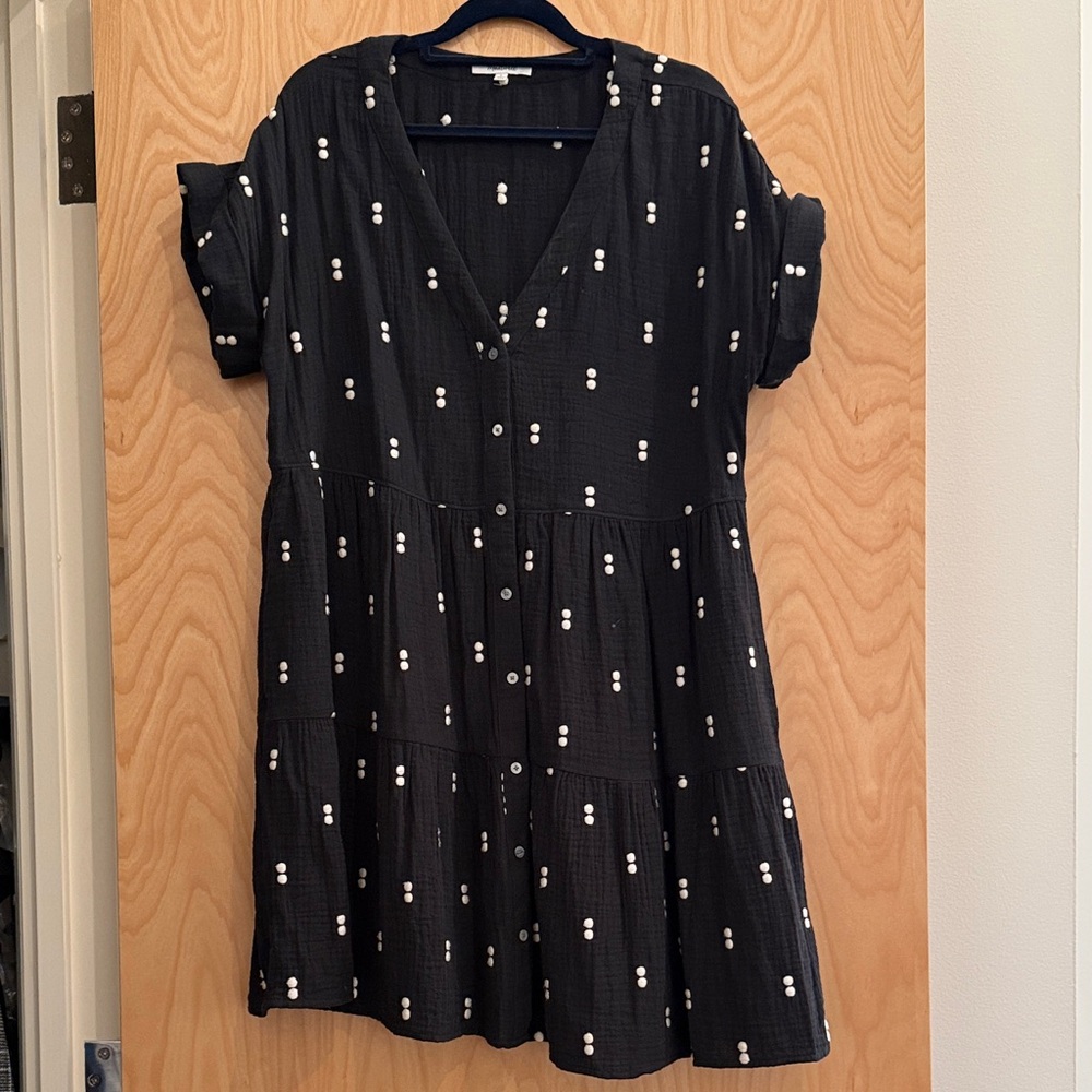 Madewell Women's Embroidered Black Button-Down Dress with White Dots
